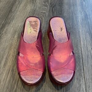 Pink Iridescent Jelly Platform Wedge Sandals Mules Translucent Y2K